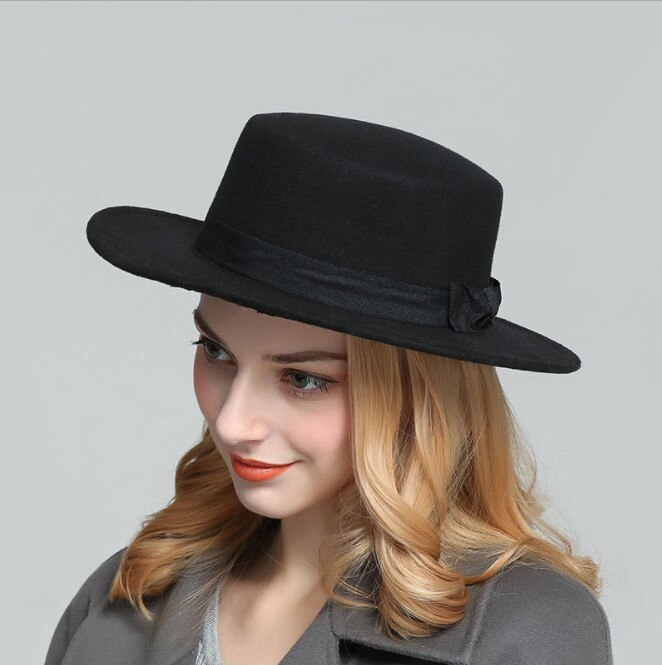white Wool Boater Flat Top Hat For Women's Felt Wide Brim Fedora Hat Laday Prok Pie Chapeu de Feltro Bowler Gambler Top Hat