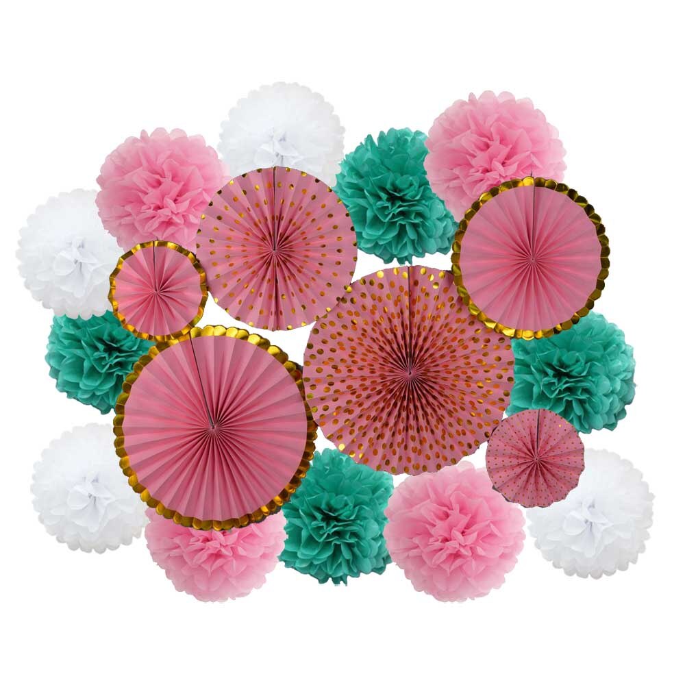 Lente Party Favor Goud Groen Set Vouwen Opknoping Papier Pom Pom Fans Baby Shower Kids Meisje Jongen Verjaardag Decoratie: Pink tiffany set