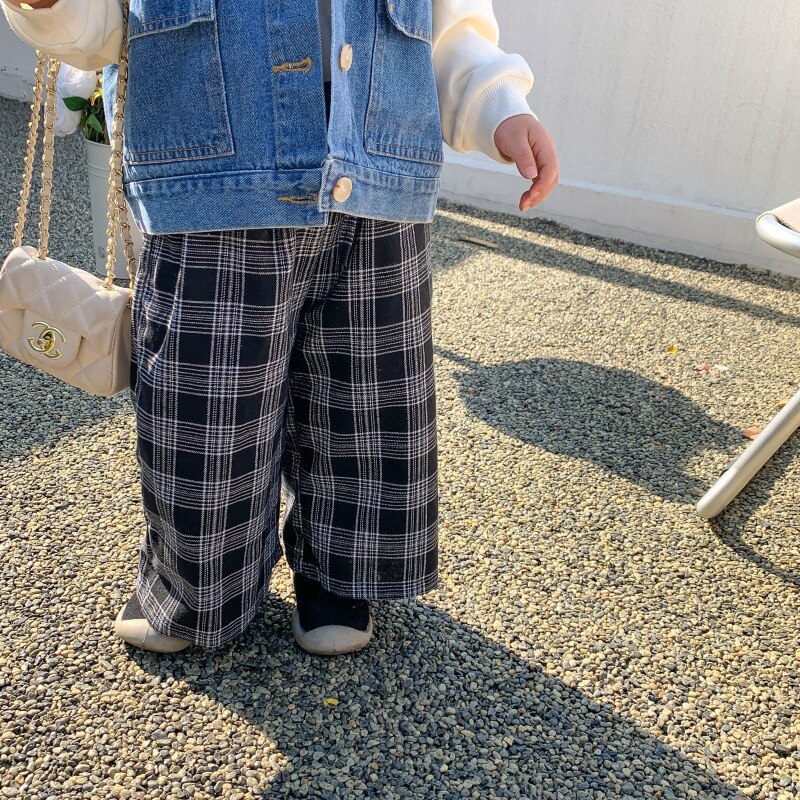Pantalones de pierna ancha holgados a cuadros para niña, informal Pantalón recto de algodón, a la , de 1 a 7 años, novedad de primavera: Black / 3 años