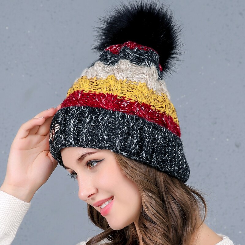 Dame vinter strik slouchy hue hue varm kraniet ski kasket imiteret pels pom pom hatte