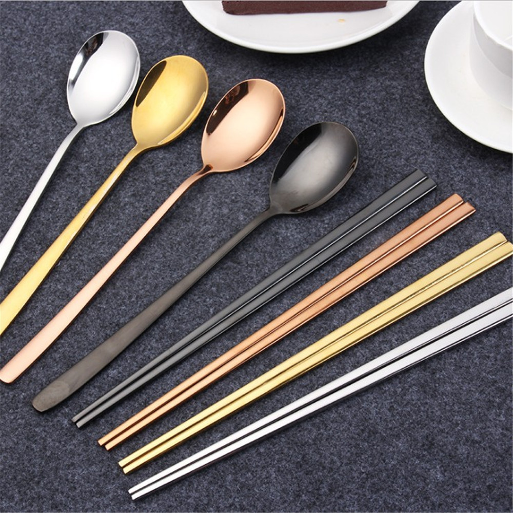 Korean Cuisine Spoon Chopsticks Tableware Stainless Steel Gold Silver Black Mirror Polished Titanium Round Solid Spoons