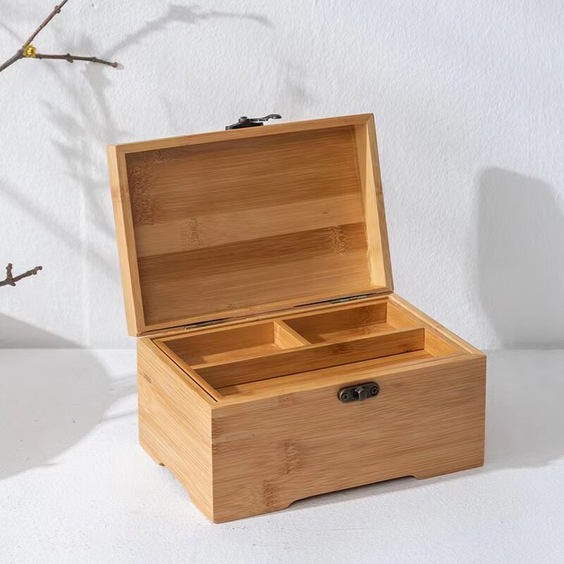 Natuurlijke opbergdoos met rolplateau, geurvrije containers, houten opbergdoos met verwijderbare tussenschotten, duurzaam, rolbaar