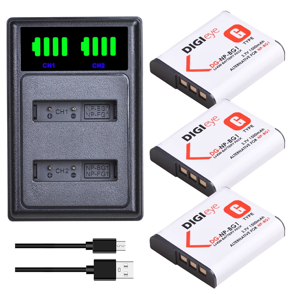 NP-BG1 NP-FG1 NPBG1 NP BG1 Battery + LED Dual USB Charger for Sony Cyber-Shot DSC-H7,DSC-H9,DSC-H10,DSC-H20,DSC-H50,DSC-H55: 3 battery set