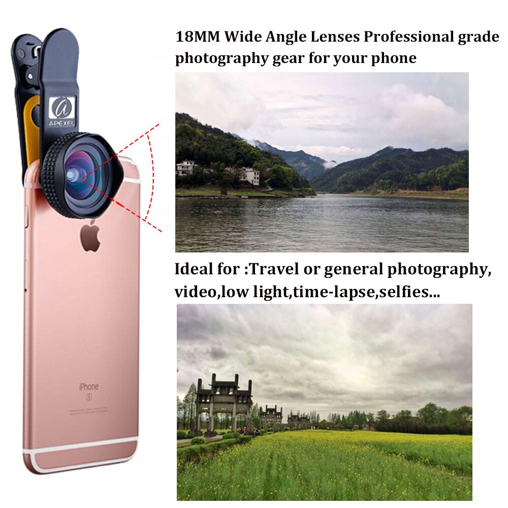 Apexel-lente gran angular HD de 18MM para teléfono móvil, lente de cámara, Kit de 0.6X para Samsung galaxy s8 plus S7 S6 y teléfono de 18MM