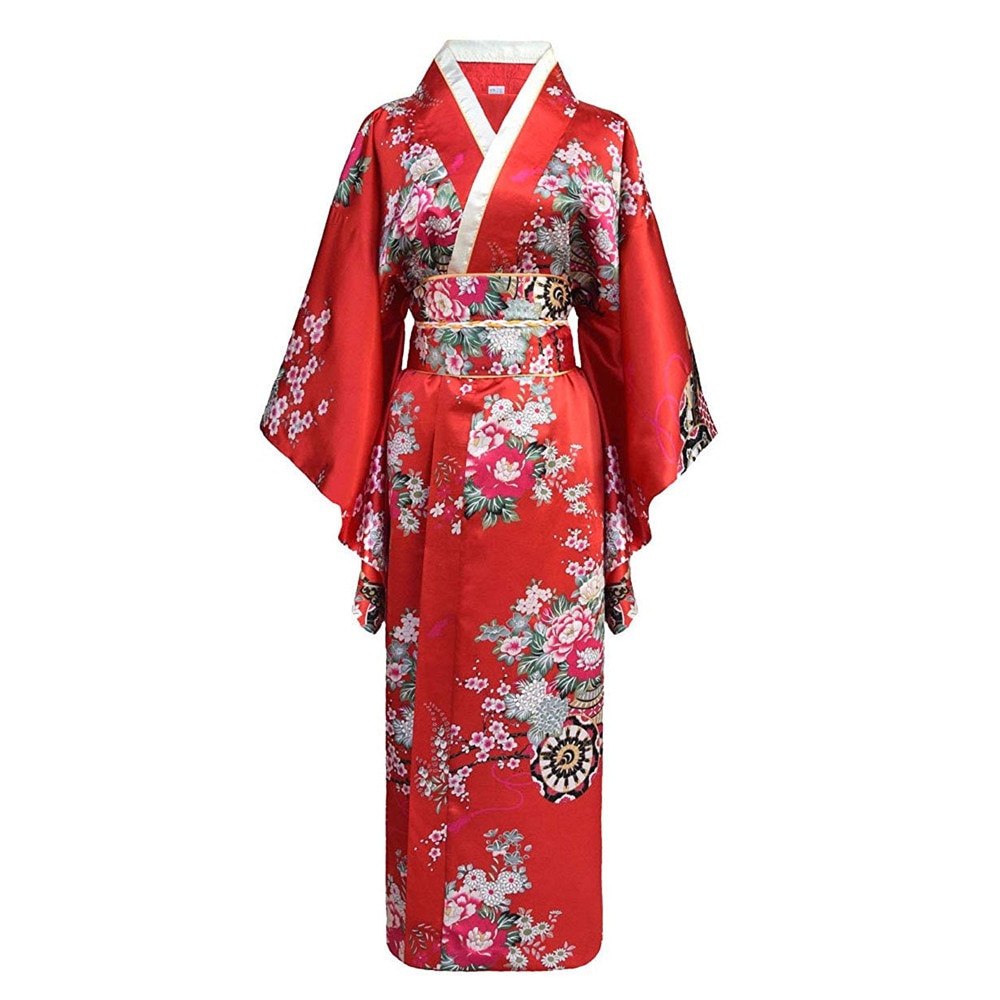 Onesize kvinnlig japansk kimono morgonrock klänning v-ringad satin kvällsfest balklänning vintage cosplay kostym helärmad klänning