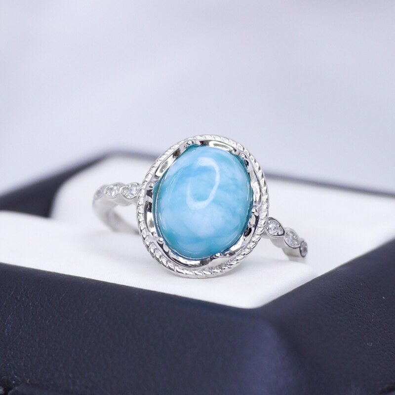 Haiwen Stone Ring Larimar Cute Personality Adjustable Geometry Round Ring Fine Jewelry For Women Party