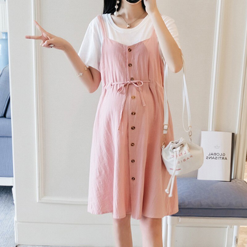 Plus Größe Mutterschaft Kleid Weiß T-Shirt + Leine Gurt Kleider Zwei Stück einstellen Sommer Kleidung für Frauen Solide farbe Schwangere Kleider: Rosa / M