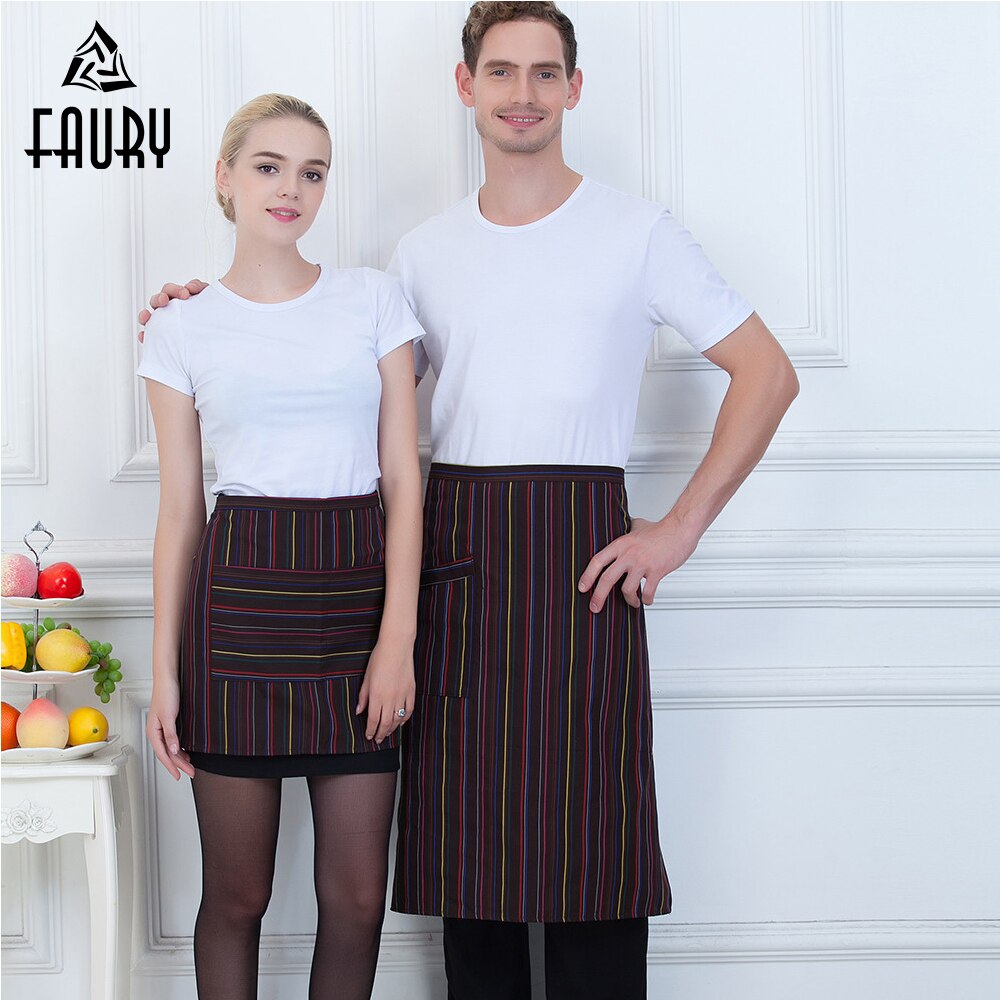 Striped Pocket Half Apron Food Service Waiter Waitress Home Kitchen Bakery Chef Cooking Workwear Uniform for Women Men