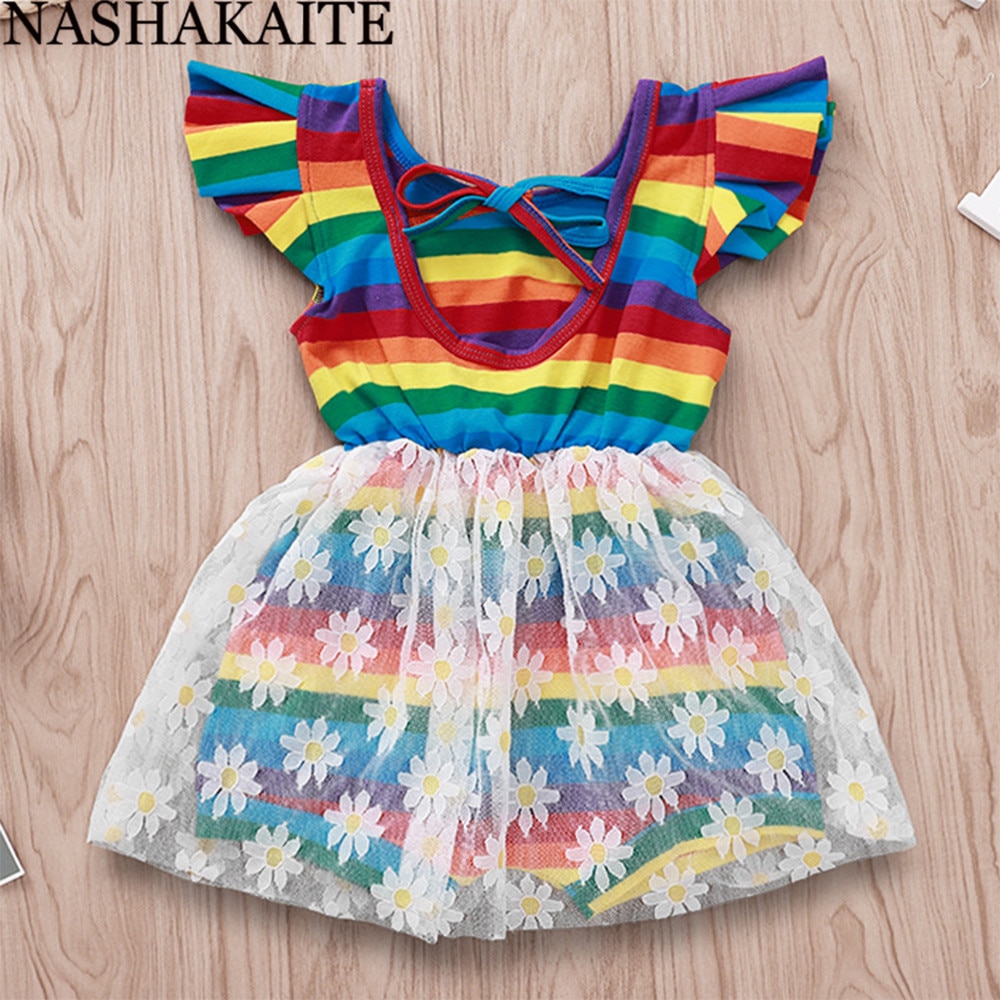 NASHAKAITE Bambini Della Tuta di Cotone Arcobaleno Maglia di Colore Margherita Stampe Di Moda Del Bambino Del Bambino Della Ragazza Tute E Tute Da Palestra Estate Tute E Salopette Per I Bambini