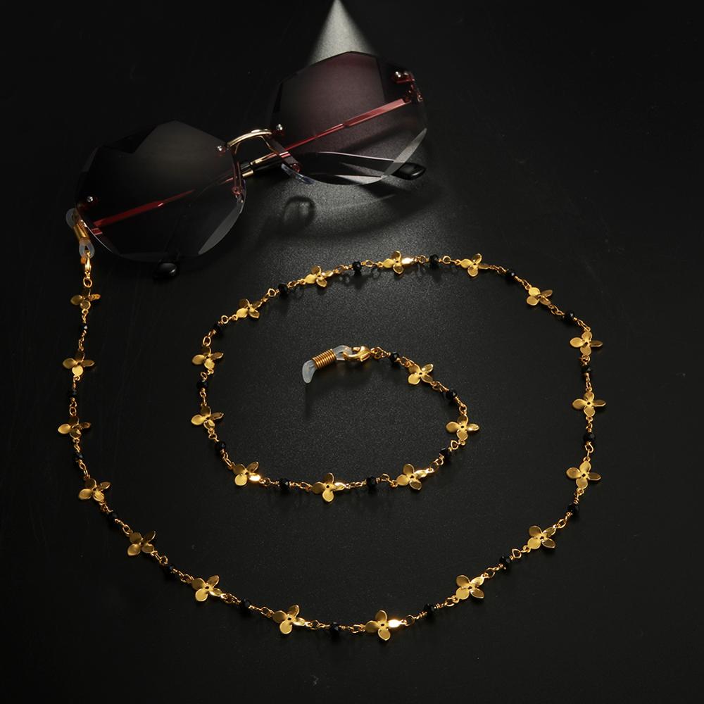 Teamer acrylique cristal noir perles lunettes chaîne femmes lunettes collier fleur métal lunettes de soleil cordon lanière sangles