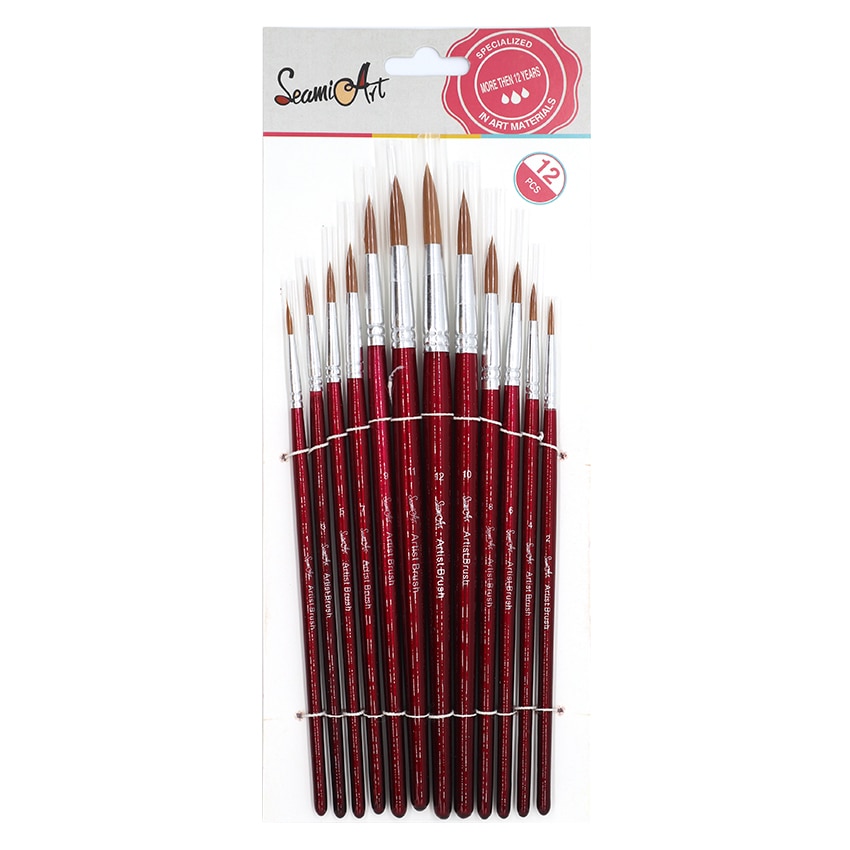 SeamiArt-Juego de pinceles de pintura, 12 Uds., diferentes tamaños, punta redonda, pelo de nailon, mano de madera, pincel de acuarela para suministros de pintura