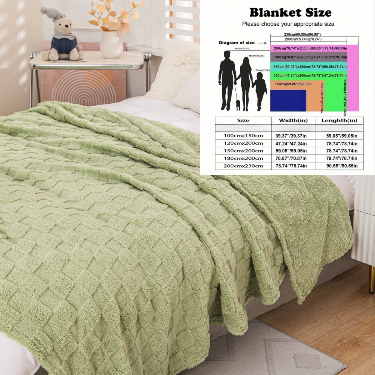 Coperta da tiro grigio pallido a quadretti in morbido mucchio di peluche - Coperta da divano da viaggio Boho accogliente per esterni a grandezza naturale, tiro con struttura cialda: 150x200cm / esercito verde