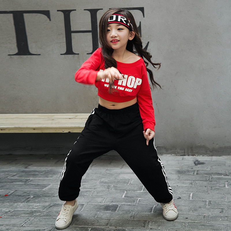 Meisjes Rode Lange Mouwen Jazz Hip Hop Dans Kostuum Losse Trui Cropped Tops Shirt Voor Kid Street Moderne Dansen Kleding dragen