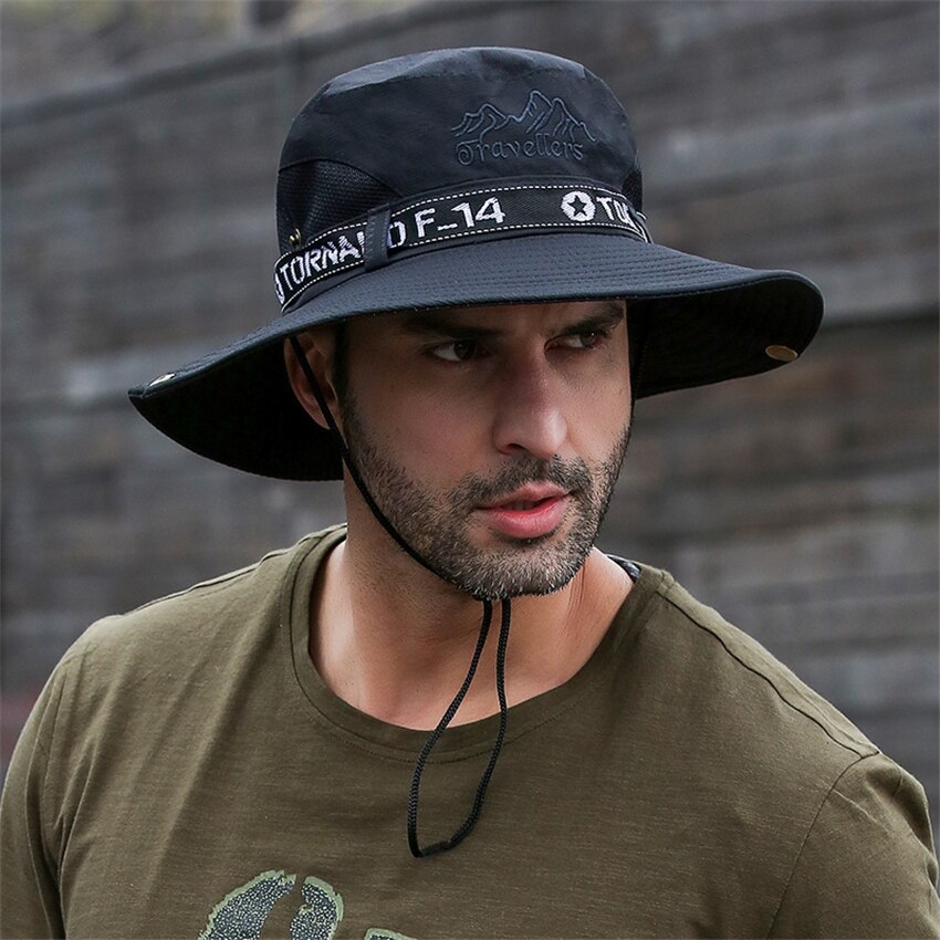 Upf 50+  solhat hat spand cowboy mænd kvinder fiskeri boonie hatte sol uv beskyttelse lang stor bred brim mesh vandreture udendørs strand kasket: Sort