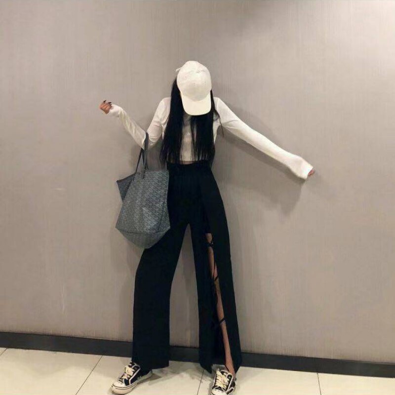 Holle Wijde Pijpen Broek Casual Broek Vrouwen Zomer Stijl Boog-Knoop Persoonlijkheid Split Veters Hoge Taille Broek streetwear Broek