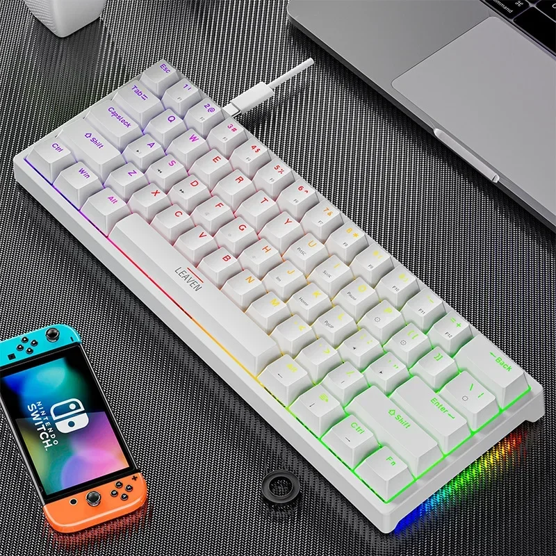 K620 Mini Gaming Mechanical Keyboard 61 Keys RGB Hotswap Type-C Wired Gaming Keyboard PBT Keycaps 60% Ergonomics Keyboards: WHITE / blue switch