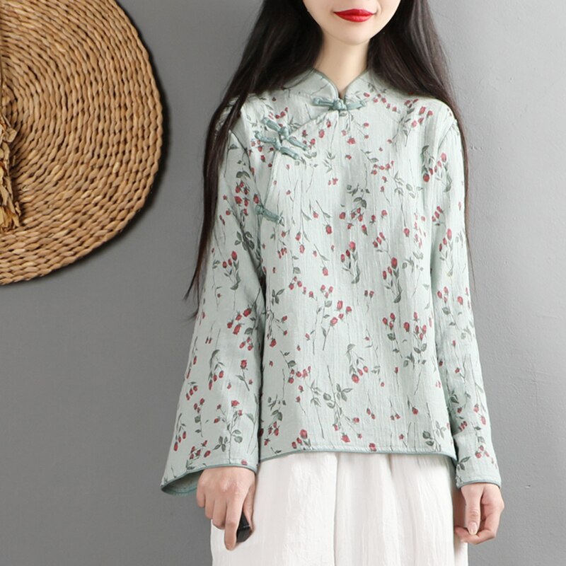 Blusa China clásica de lino y algodón para mujer, camisa de manga larga con botones hechos a mano, tops estampados con flores, ropa tang,