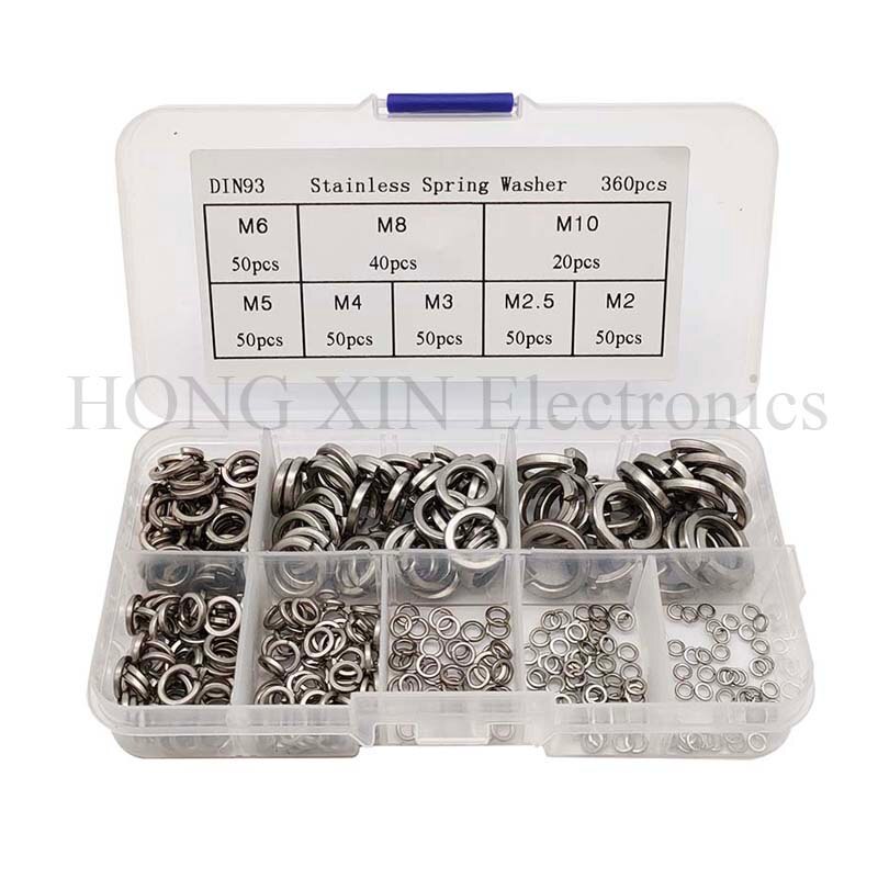 360pcs/set Stainless Steel Spring Washer Assortment Kit M2/M2.5/M3/M4/M5/M6/M8/M10 For Handware Tools Accessories