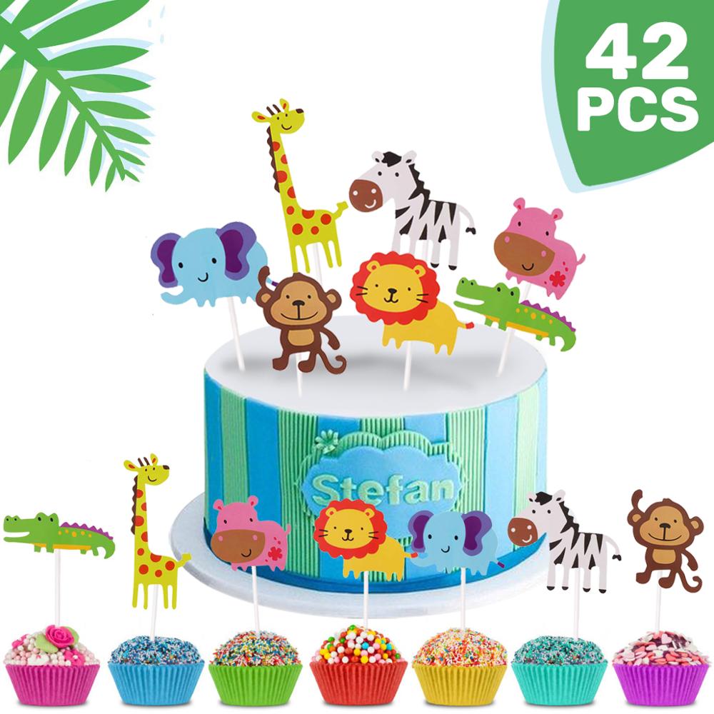 Animal cake top hat, 1 zoo animal happy birthday banner, 35 animal cake top hats for children's birthday party decoration, jungl