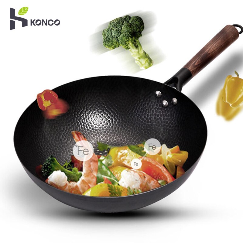 Konco 32Cm Chinese Ijzeren Wok Non-Coated Pot Pure Ijzer Gebruik Voor Gas En Inductie Kookplaat