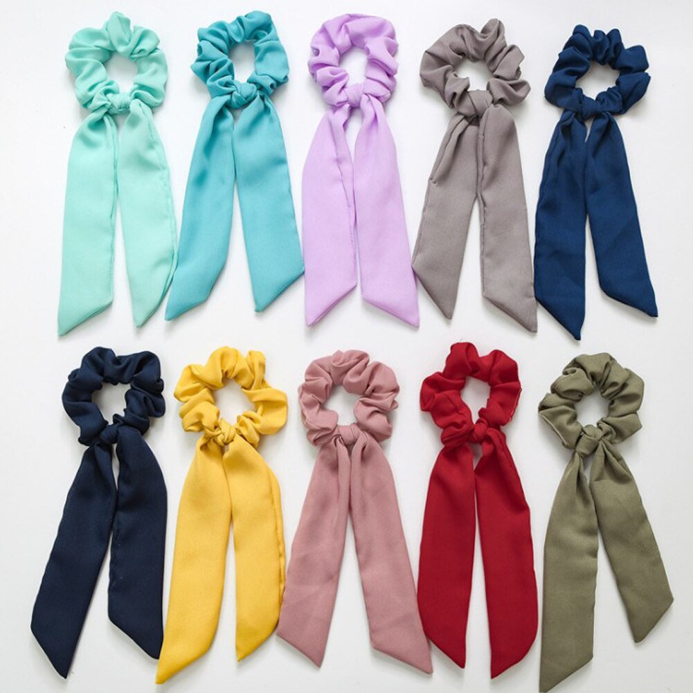 Solid Chiffon Ponytail Scrunchie Hair Ties Elastic Hair Rope for Women Hair Bow Ties Hair Bands Black Red Pink Ribbon Hairbands