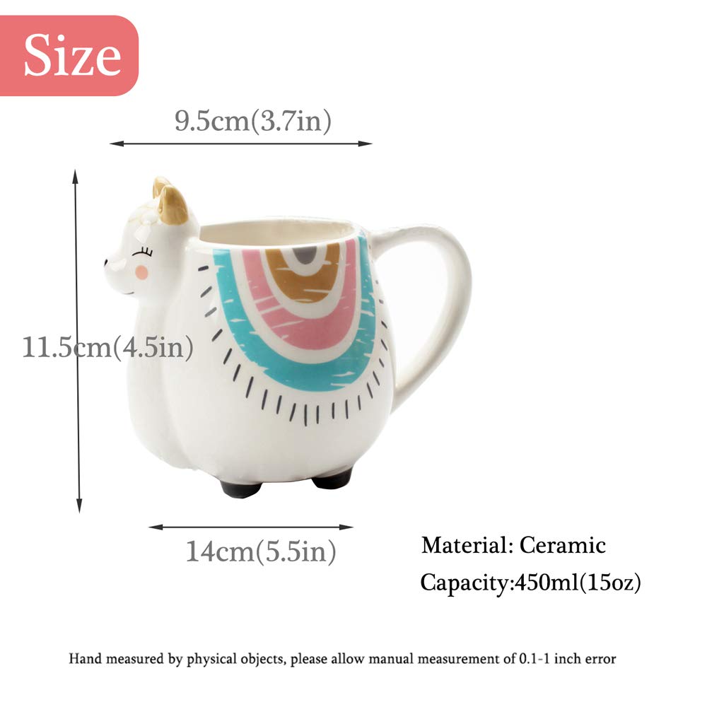 Alpaca Mug Ceramic Llama Tea Mug, 3D Animal Coffee Mug Hand Painted Rainbow Art Travel Mug for Birthday Christmas