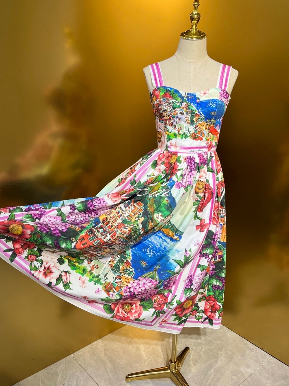 Sommerferien Landebahn Blume Midi Ballkleid Frauen elastische sexy rücken freie Träger Empire Print Sommerkleid Party Vestidos