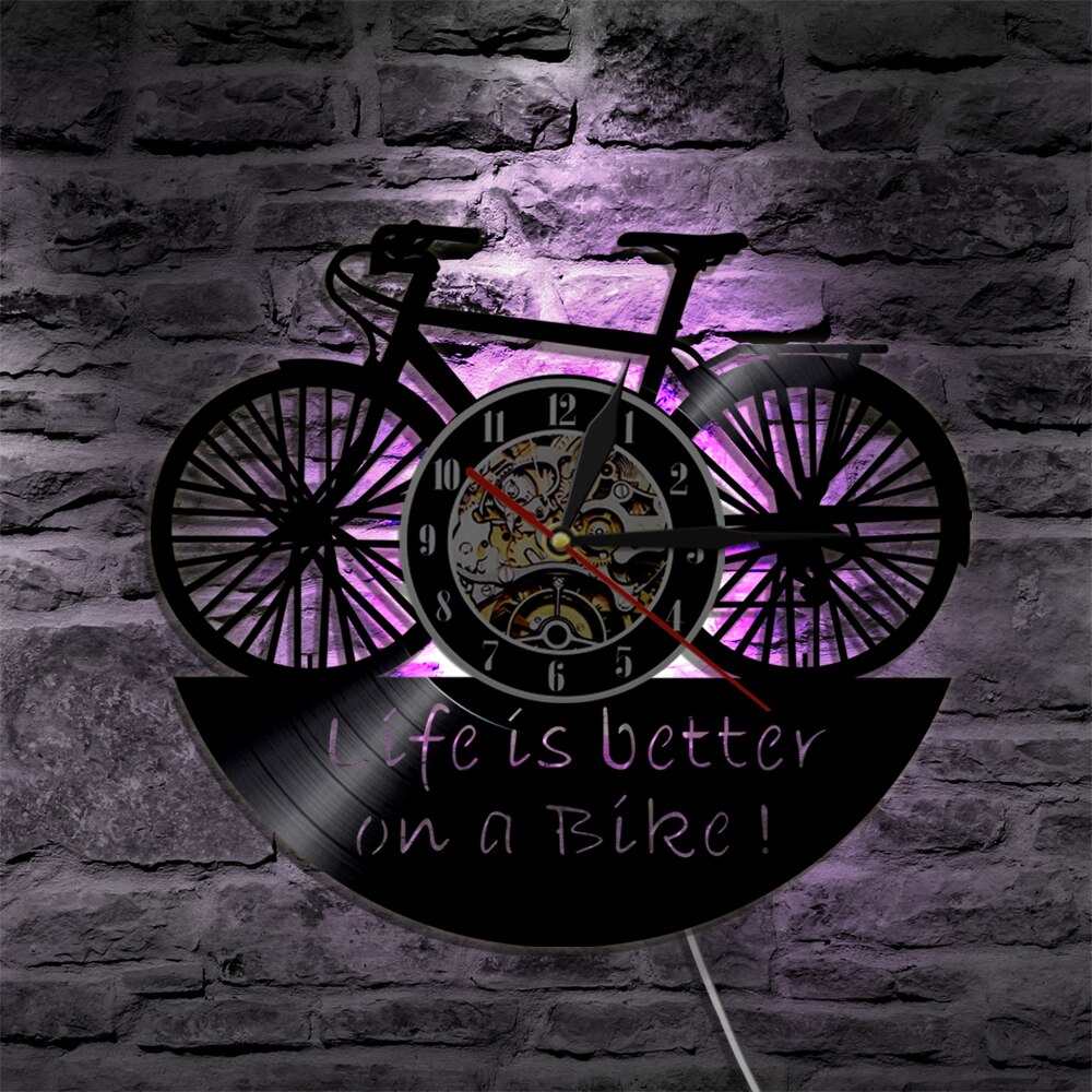 Life Is Better On A Bike Wall Clock Bike Cycle Vinyl Record Wall Clock Home Decor with 7 Different Color LED Light