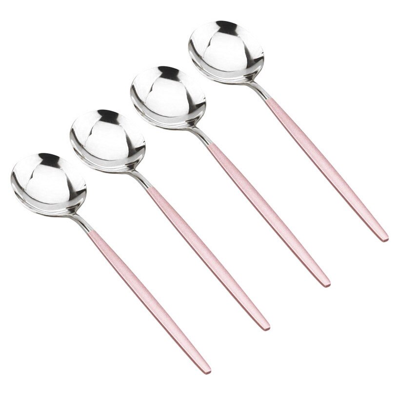 4Pcs Rosa Gold Geschirr Besteck Dessert Löffel Set Lange Griff Spiegel Löffel Besteck Küche Zubehör 304 Edelstahl: Pink Silver