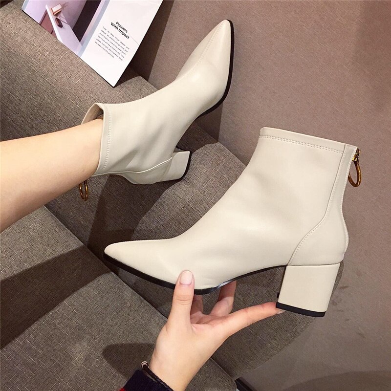 Winter luxe dames 5cm blok hoge hakken enkellaarsjes wit beige hakken leren korte laarzen western chelsea boots schoenen