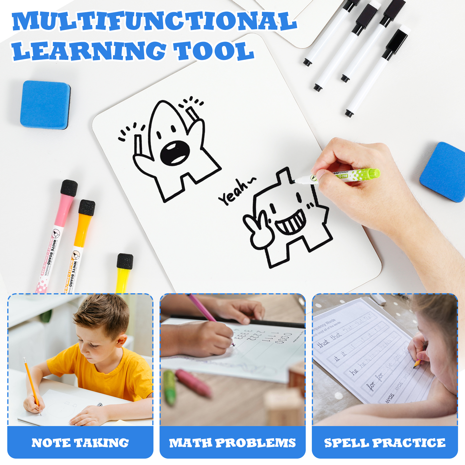 5-delig mini droog uitwisbaar bord, langdurig klein wit bord met marker en gum, dubbelzijdig droog uitwisbaar whiteboard voor kantoor