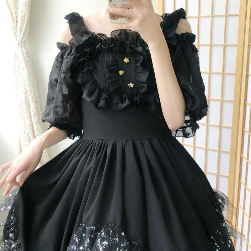 Zachte Witte Japanse Angel Jsk Lolita Jurk Vintage Meisjes Kawaii Gothic Star Kant Fee Trouwjurk: Black / S