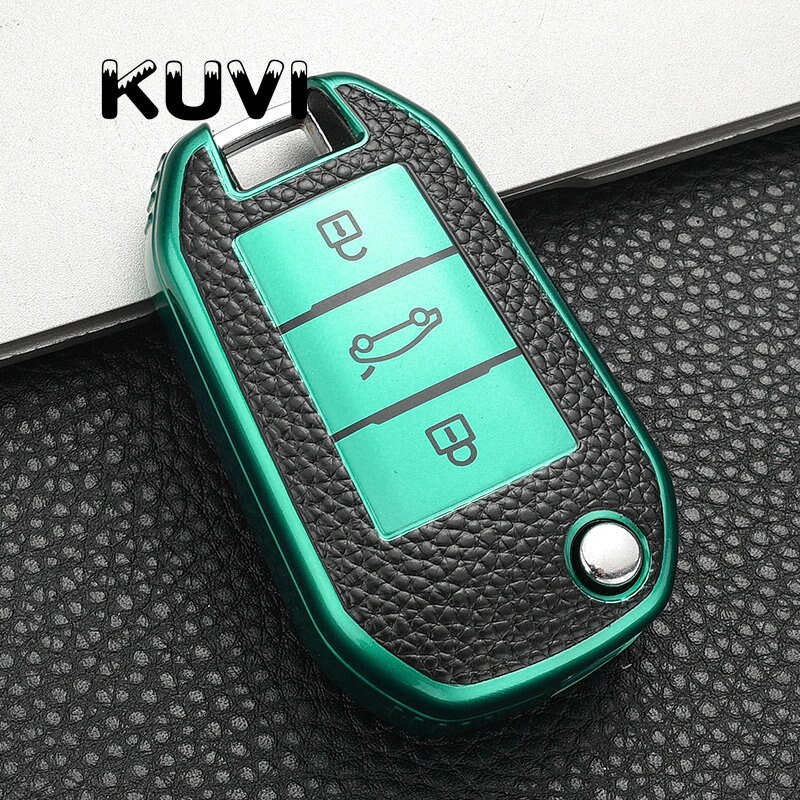 Funda plegable de Tpu para llave de coche, cubierta protectora remota para Peugeot 208, 308, 408, 508, 307, , Citroen, C4L, CACTUS, C5, C3, C6, C8: green