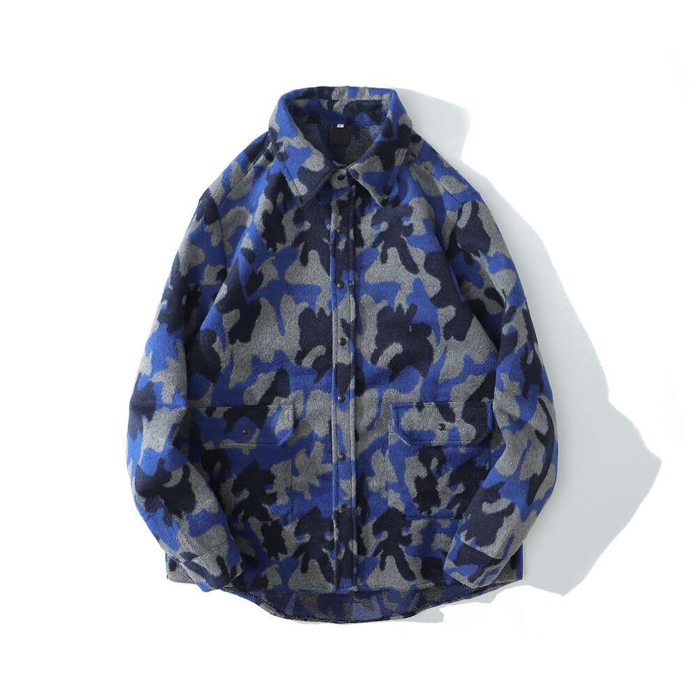 Mørkt ikon camouflage skjorte jakke mænd kvinder turn-down krave vintage herre jakke streetwear tøj: Blå / L