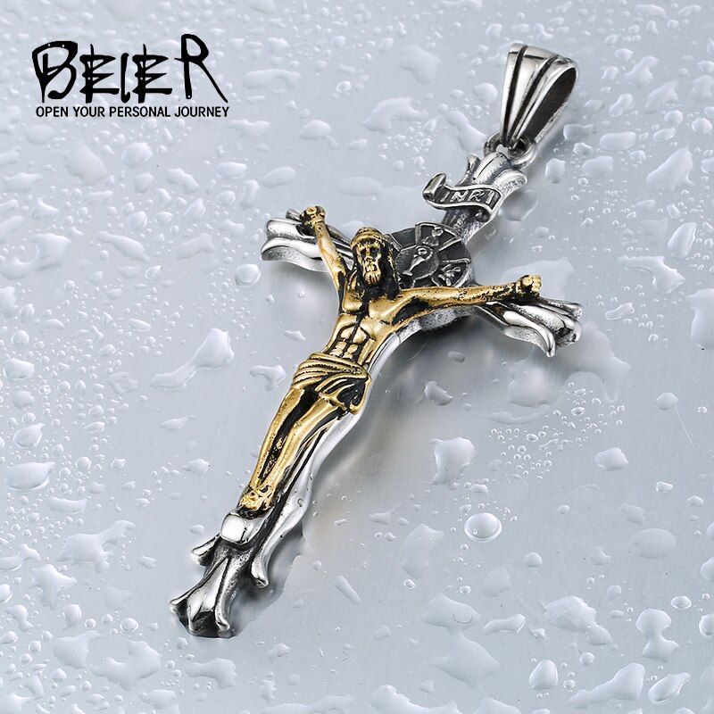 BEIER white/gold Catholic Religious Jesus Piece Cross Pendant Necklace For Men Vintage Chain Christian Jewelry BP8-188