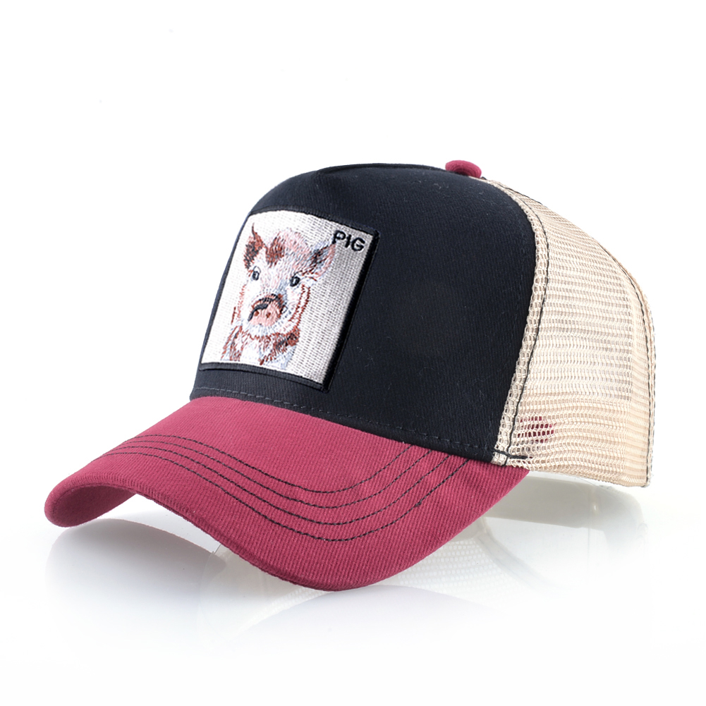 Casquette de Baseball à motif de cochon brodé pour hommes et femmes, chapeau d'été en maille, style Hip Hop, visière de camionneur: Rouge