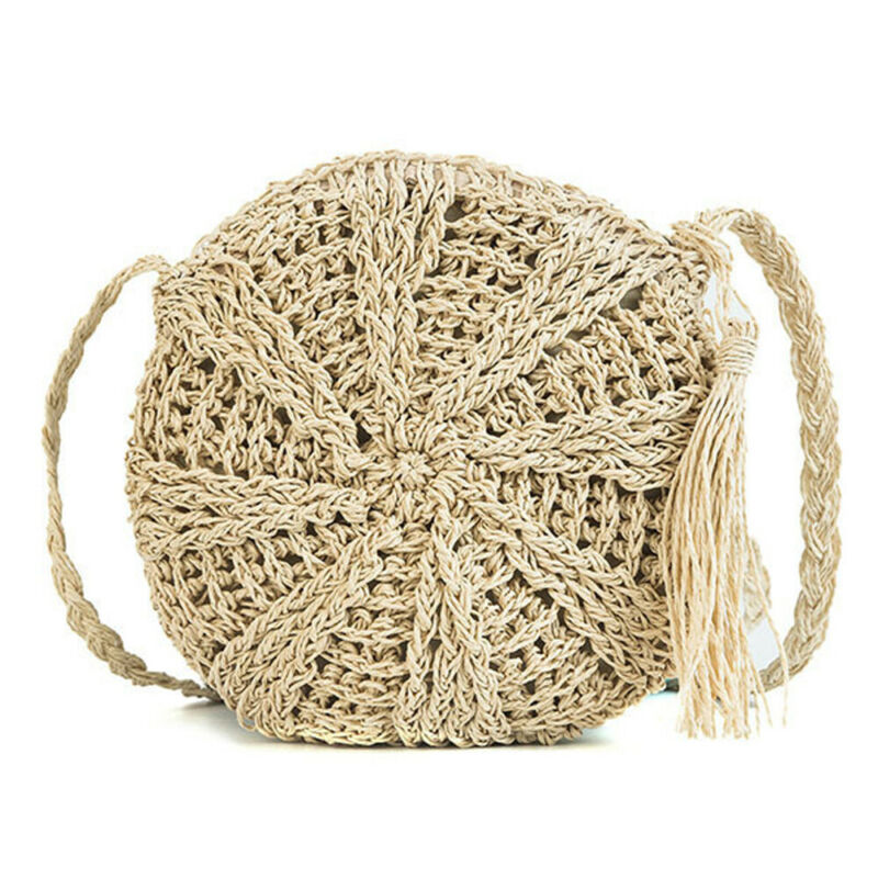 Women Straw Knitted Bag Wallet Round Beach Rattan Crossbody Bag Tote Messenger Purse