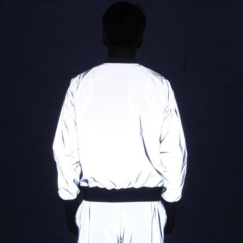 Rolig tryck reflekterande jacka herr / dam märke med huva hoodie rockar casual natt fluorescerande windbreaker veste homme