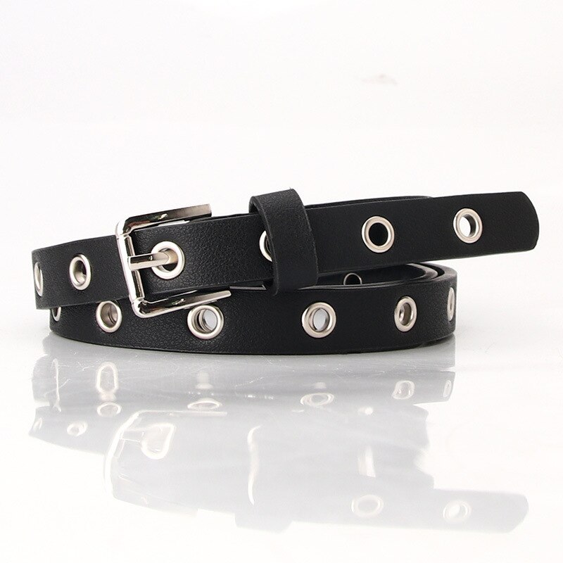 Vintage Punk Black Red Belts For Women Holes Hollow Leather Waist Belt Female Grommet Eyelet Thin Narrow Waistbelts Ladies: Black