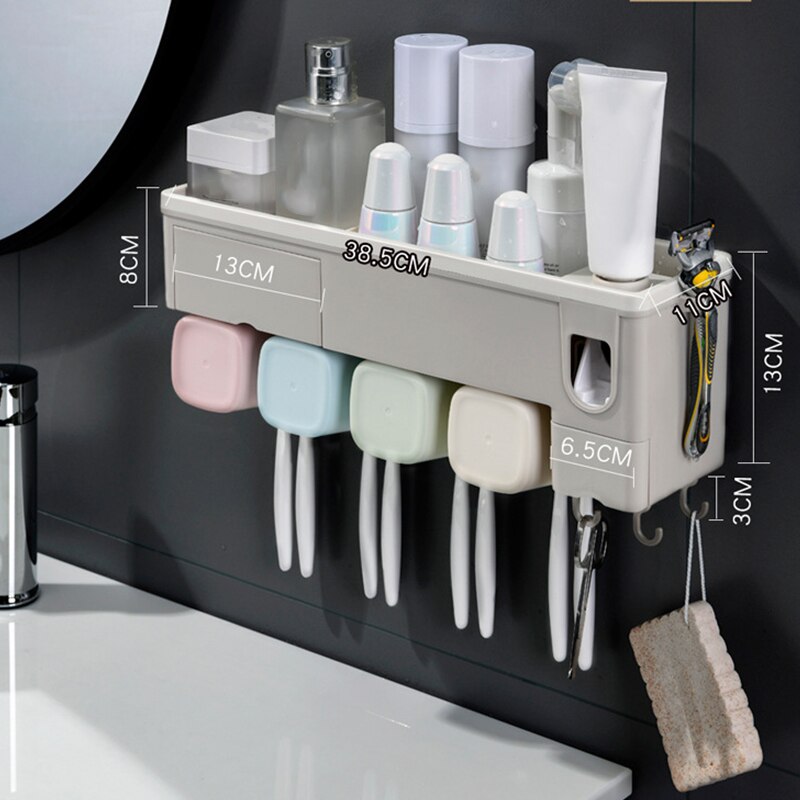 GFWARE Tandenborstelhouder Tandpasta Dispenser Wandmontage Blauwe Cover Elektrische Tandborstel Stand Set met 2 Tandpasta Squeezers voor Douche Badkamer Kinderen (geen Elektrisch, Geen Licht