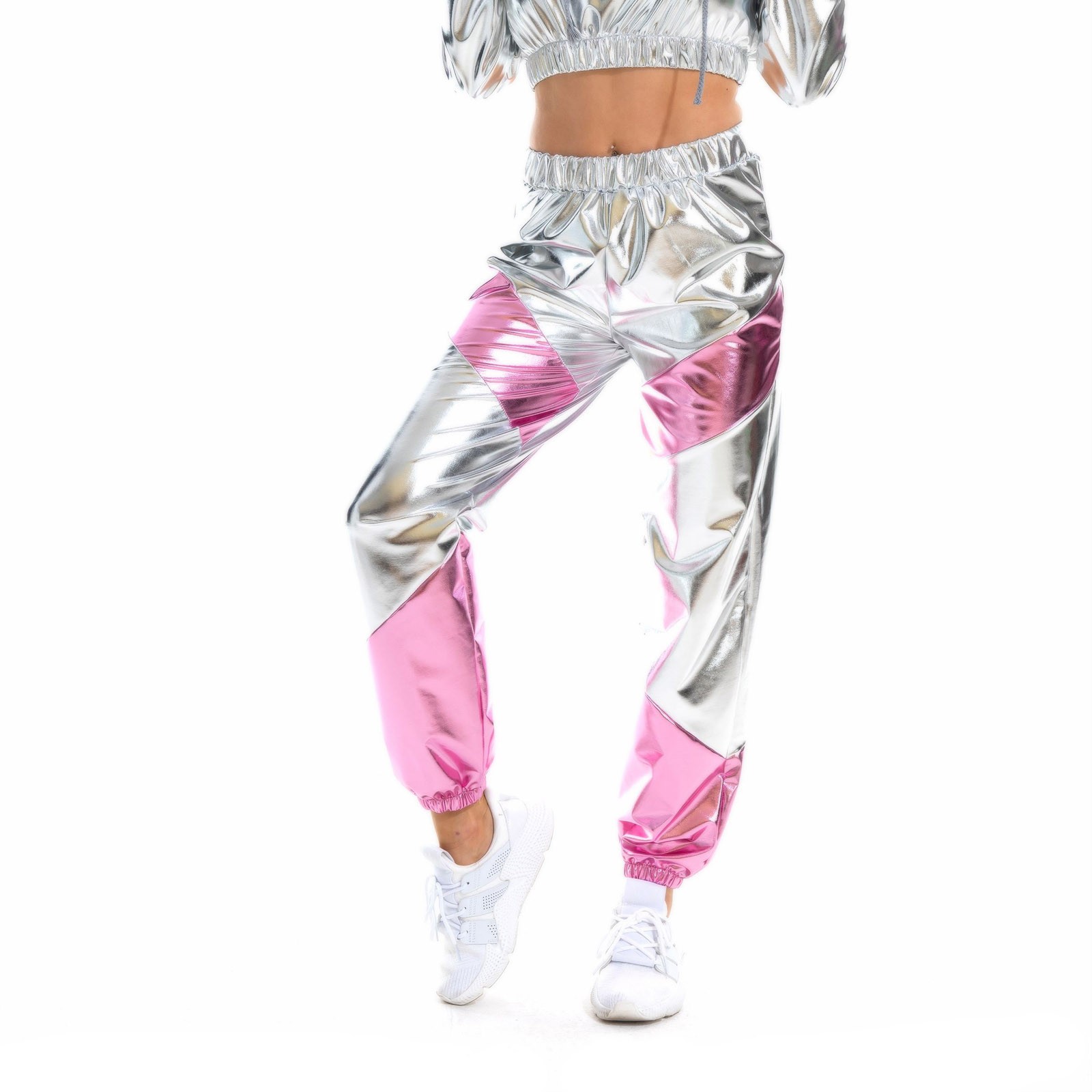 Metalliske skinnende damebukser holografisk natklub fritid gade hiphop fest patchwork rave outfits kvindelige lige bukser: S / Sølv