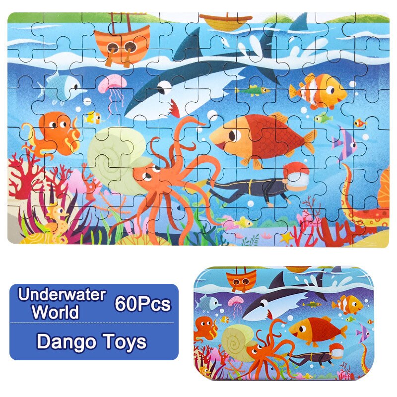 60 houten puzzels, cognitief educatief speelgoed voor kinderen met opbergruimte, blikken doos, kinderen, bezig met bord, houten speelgoed, kerstspelletjes: Onderwaterwereld