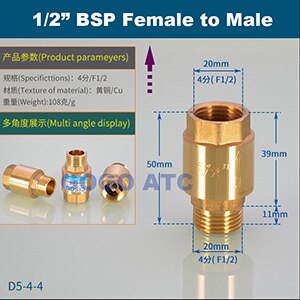 DN15/DN20/DN25 1/2 3/4 1 inch brass In-Line spring vertical check valve for Water meter female male one way valve: D5-4-4