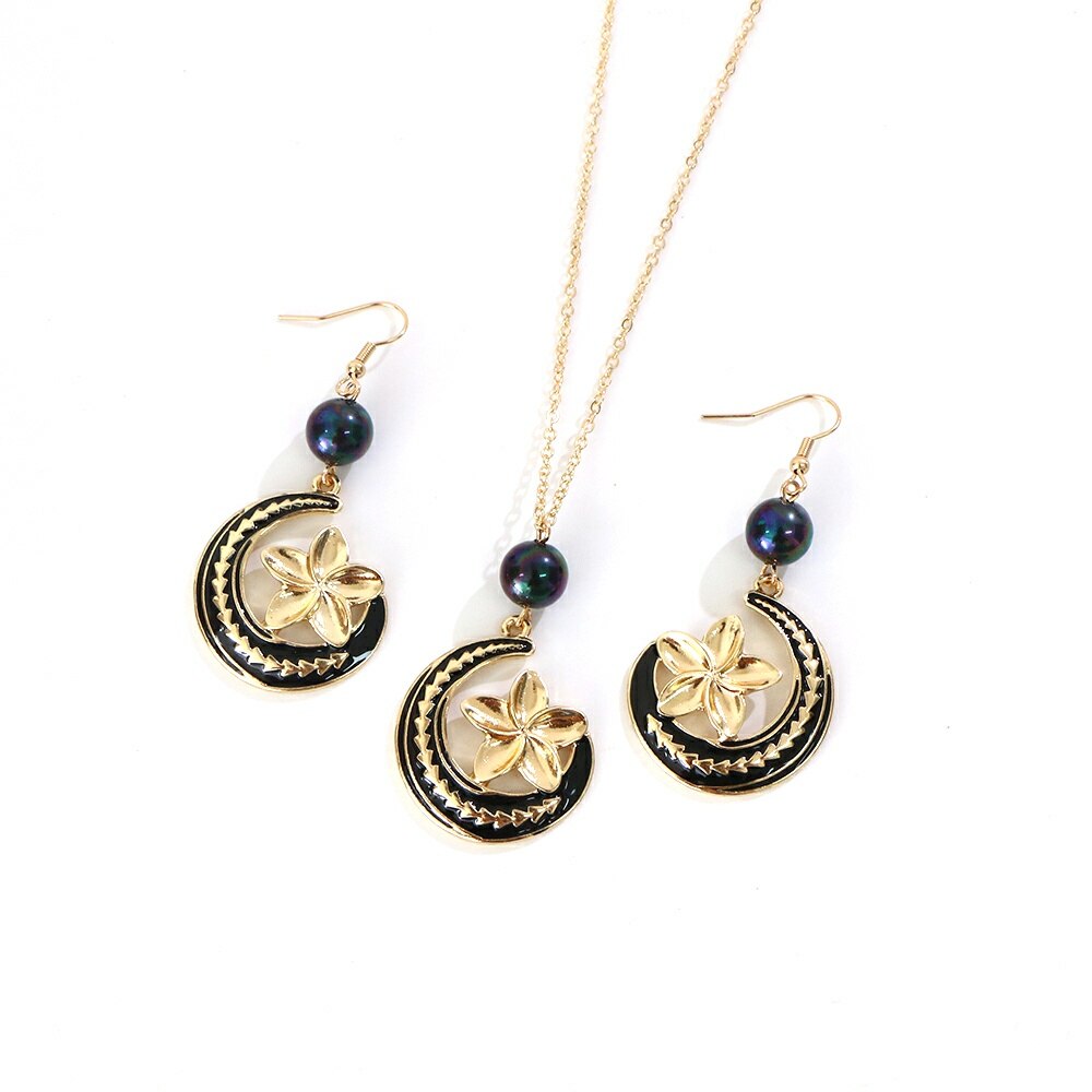 KOMi Polynesian Hawaiian Samoa Marshall Style Glass Bead Pearl Hollow Cross Heart Flower Charm Necklace Earrings Jewelry Set: K6725