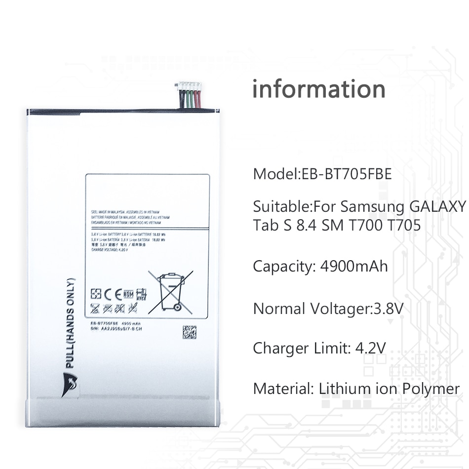 Tablet Battery For Samsung GALAXY Tab S 8.4 SM T700 T705 EB-BT705FBE 4900mAh