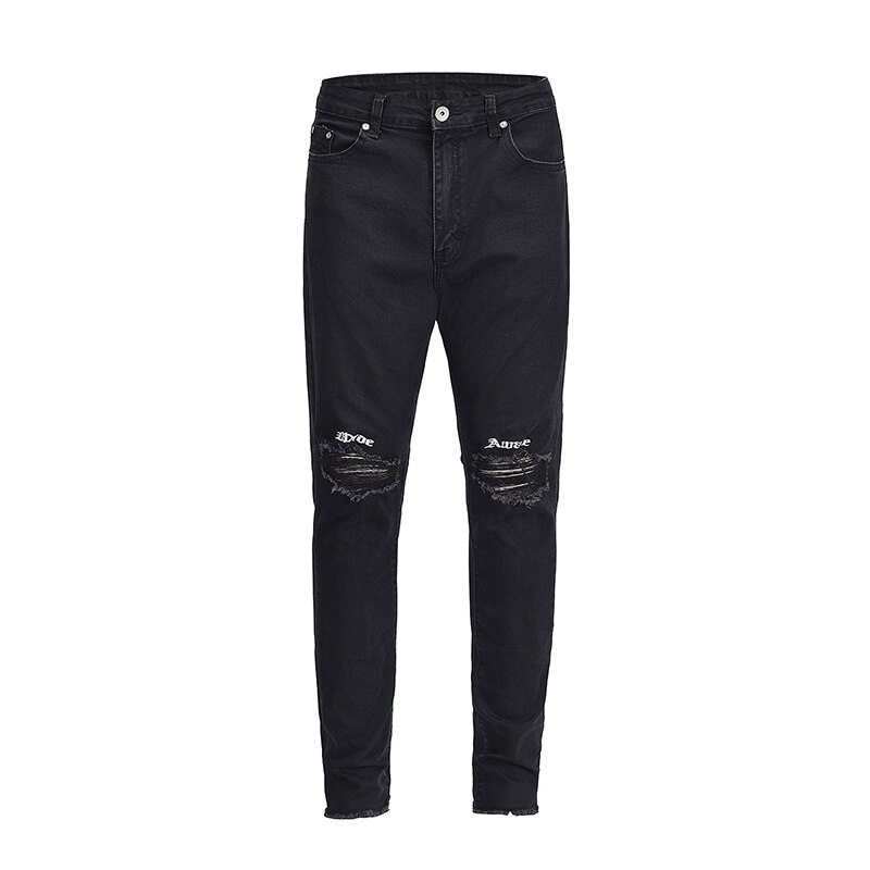 Pantalones vaqueros rasgados bordados hasta la rodilla para hombres Hip Hop skinny de motorista pantalones vaqueros rotos con cinta Slim Fit pantalones vaqueros negros Jogger