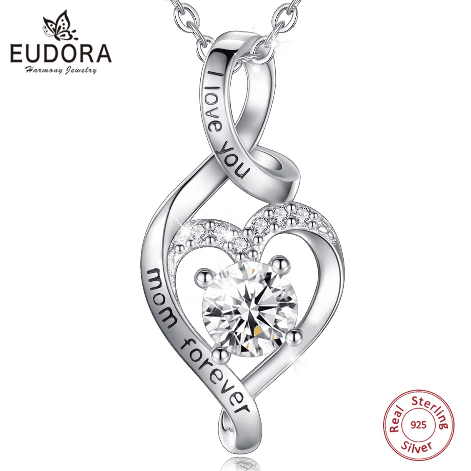 Eudora 925 Sterling Zilver I Love You Mom Forever Hart Hanger Pure Cz Ketting Het Beste Cadeau Voor Moeder Met een Doos Cyd349B