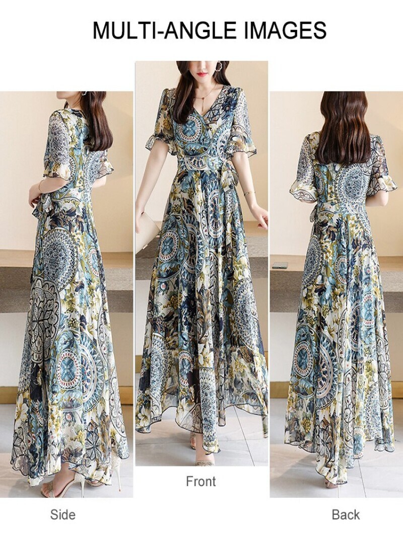 Schlankes Kleid für Damen, V-Ausschnitt, bedruckt, langes Kleid, schmales Kleid für Damen