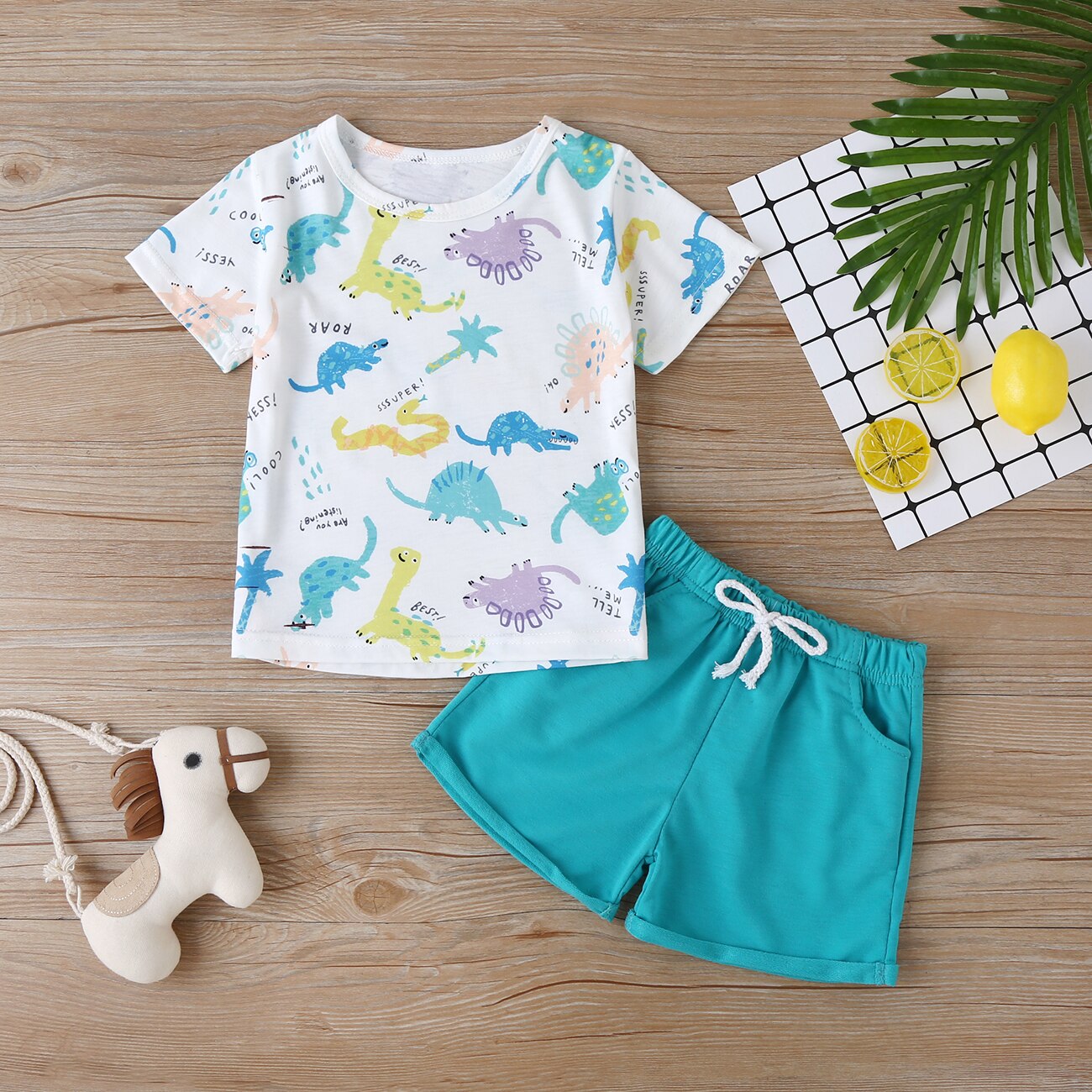 Aa sommer gutteklær sett dyreprint kortermede t-skjorter topper+ensfarget shorts gutteklær babydress