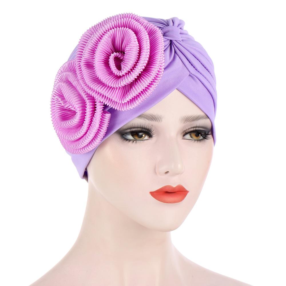 Arab Muslim Head Turban Hat Two Big Flower Appliques Indian Women Headscarf Party Caps Head Accessories TB-203: light purple